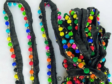 Multicoloured Velvet Beads With Black Cotton Trim, Fringe Trim, Approx. 16 mm wide - 210119L367